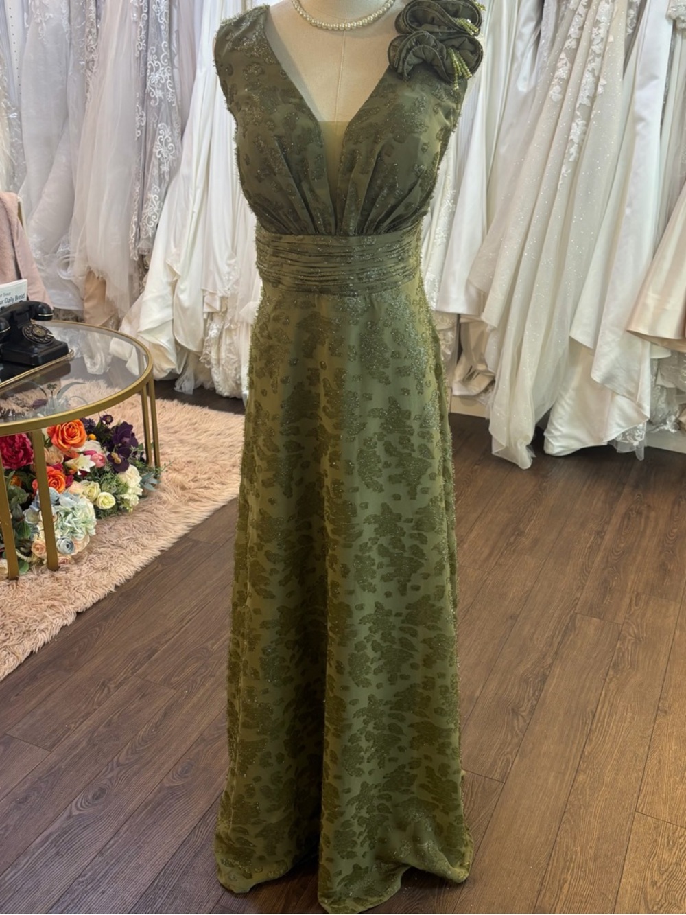 Olive Green Embroidered V-Neck Evening Dress